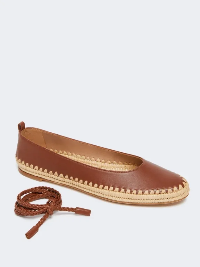 Nappa and raffia ballerinas, tobacco