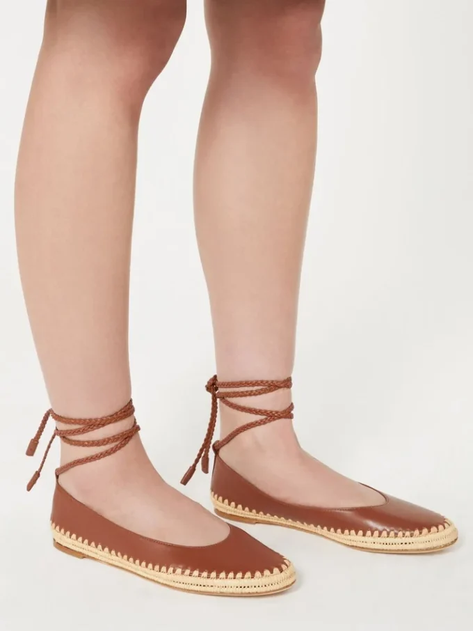 Nappa and raffia ballerinas, tobacco