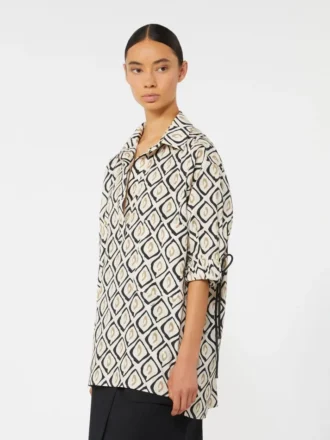 Oversized printed poplin shirt, beige