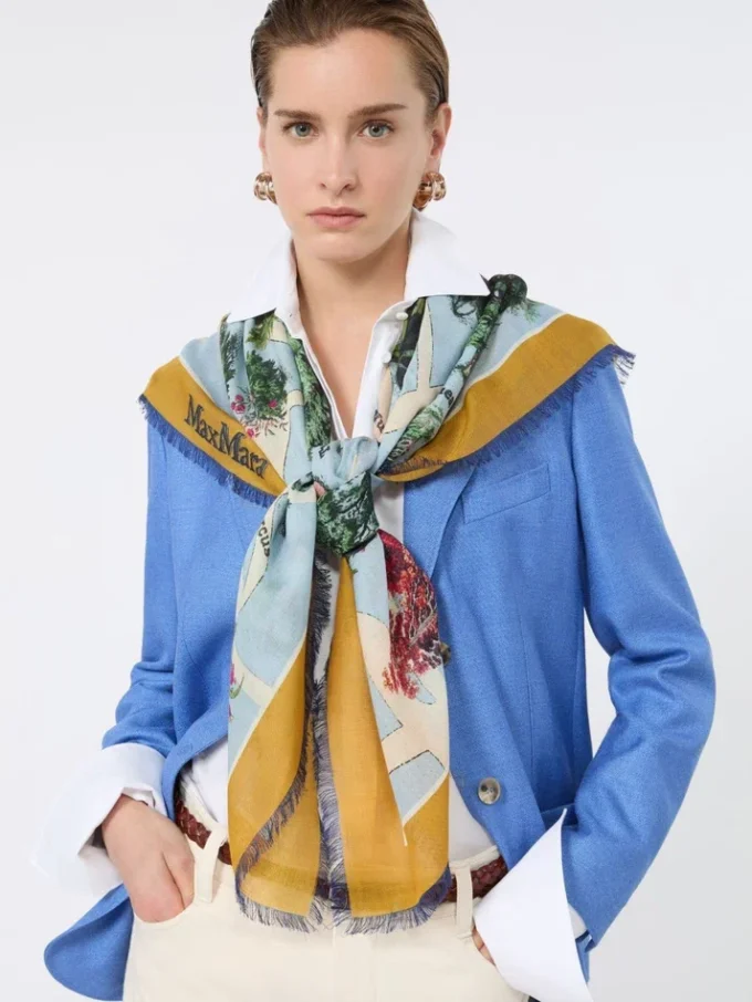 Oversized scarf in printed silk and wool, mustard