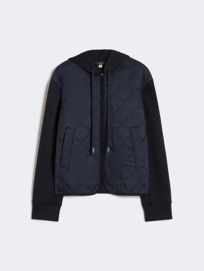 Padded, hooded jacket in water-repellent canvas and jersey, navy
