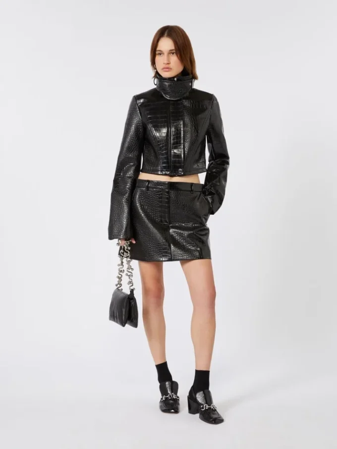 Patent leather cropped jacket with alligator print, black