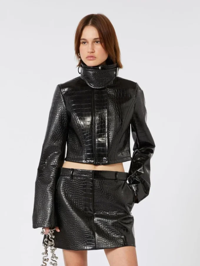 Patent leather cropped jacket with alligator print, black