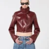 Patent leather cropped jacket with alligator print, dark red