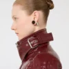 Patent leather cropped jacket with alligator print, dark red