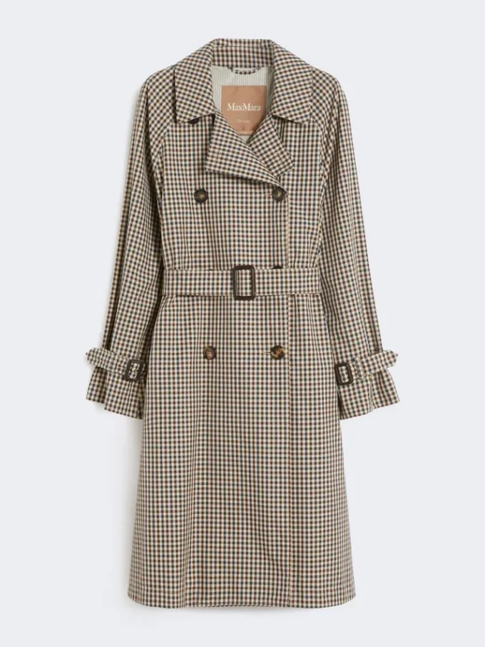 Patterned water-repellent twill trench coat, coffee