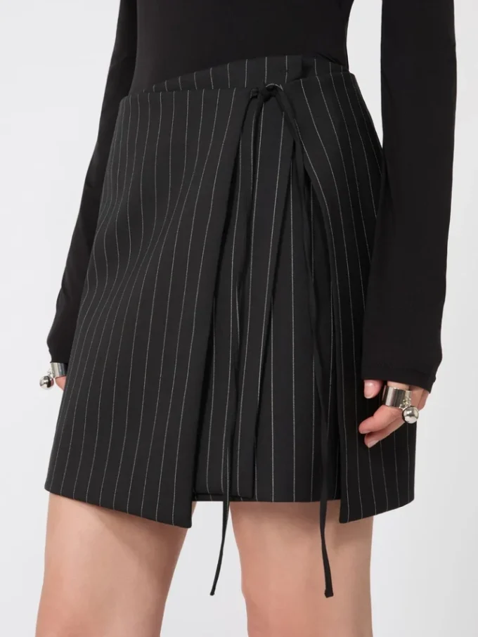 Pinstripe gabardine mini skirt, black