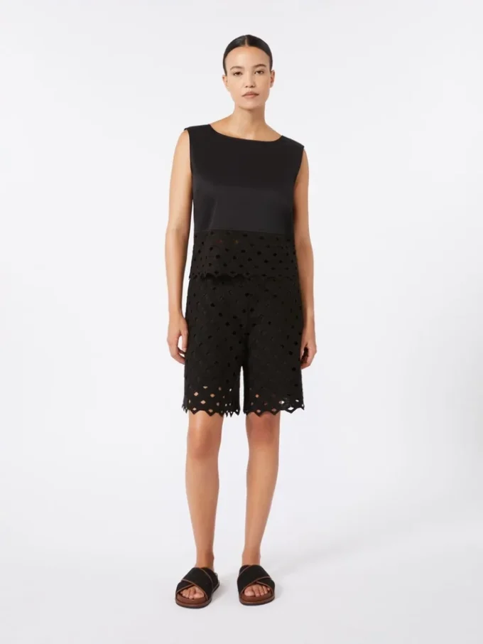 Poplin and macrama lace top, black
