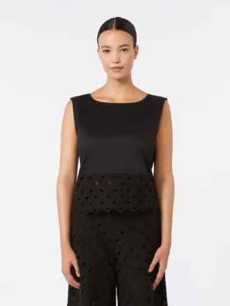 Poplin and macrama lace top, black