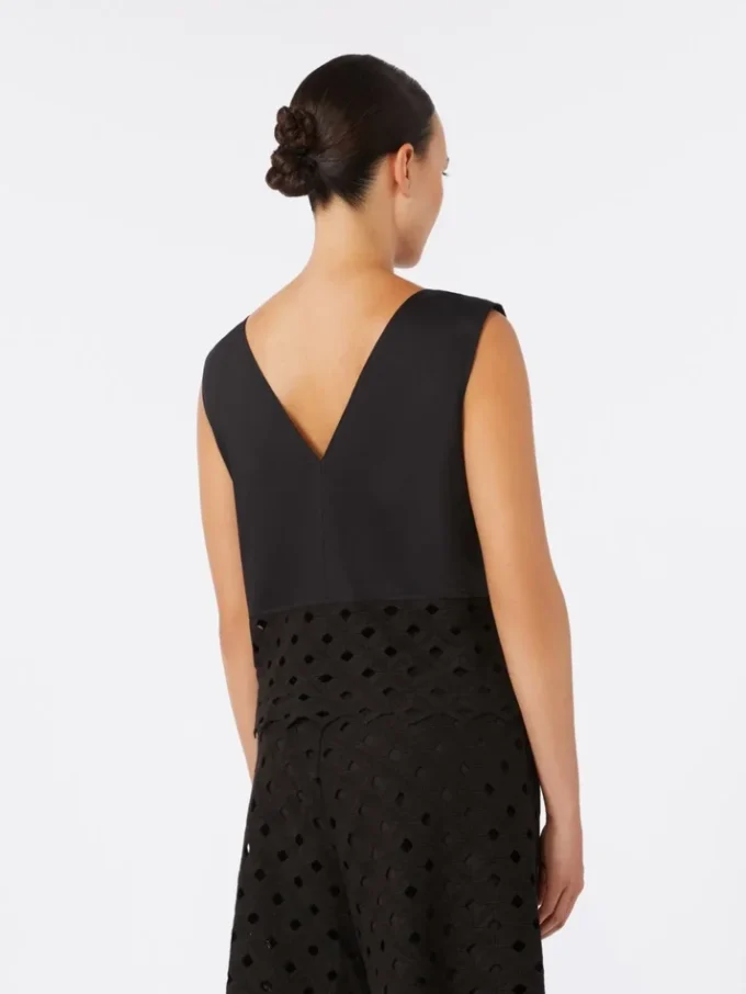Poplin and macrama lace top, black