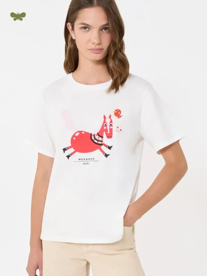 Print and embroidery-adorned cotton t-shirt, white
