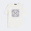 Print and embroidery-adorned cotton t-shirt, white