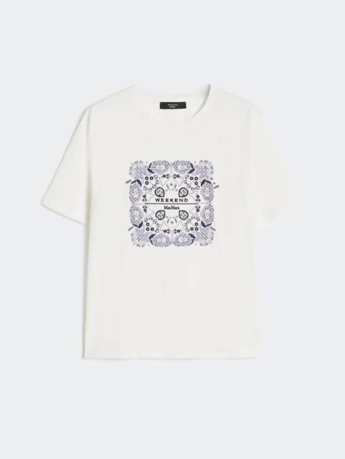Print and embroidery-adorned cotton t-shirt, white