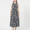 Printed cotton dress with belt, ultramarine