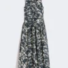 Printed cotton dress with belt, ultramarine
