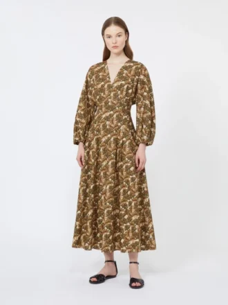 Printed cotton poplin dress, natural