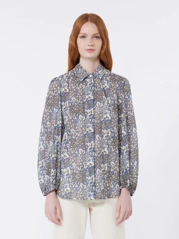 Printed cotton voile shirt, navy