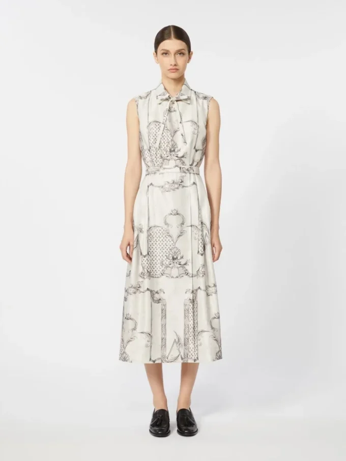 Printed mikado shirt dress, ivory