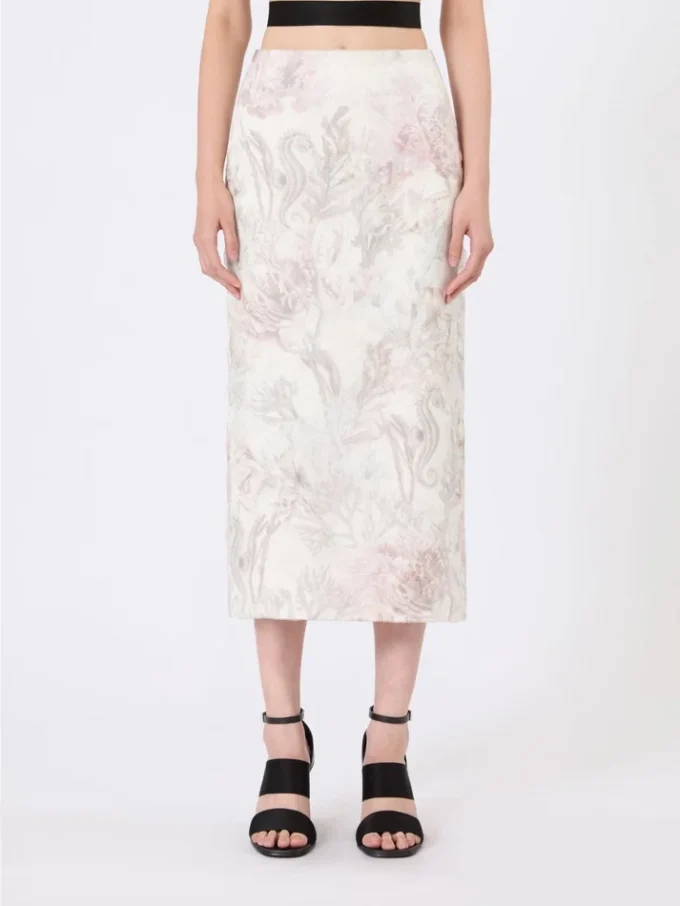 Printed organza and gabardine pencil skirt, white