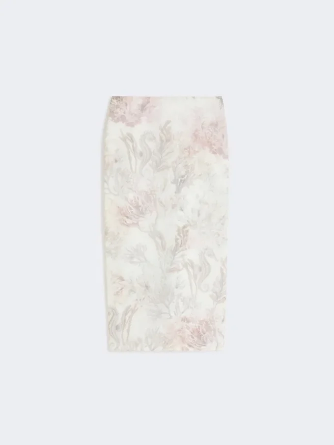 Printed organza and gabardine pencil skirt, white