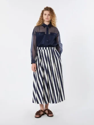 Printed poplin pleated skirt, navy