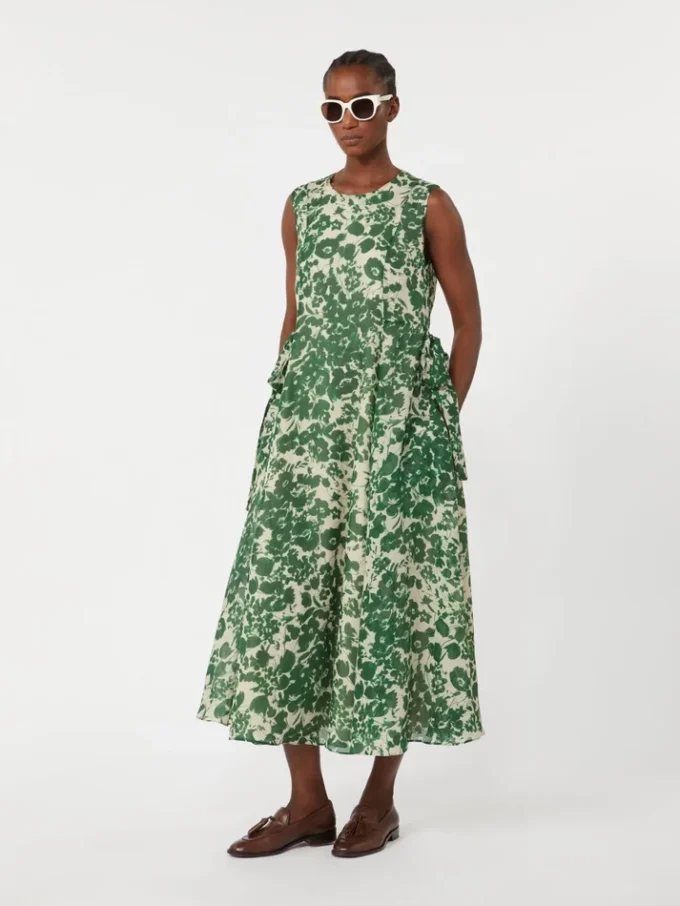 Printed ramie canvas dress, green