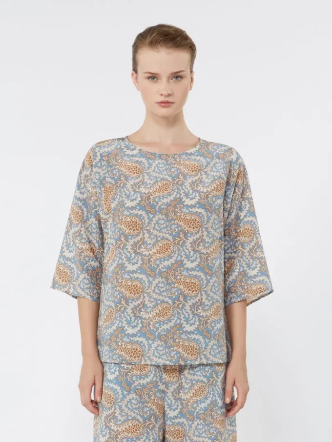 Printed silk crepe de chine blouse, light blue