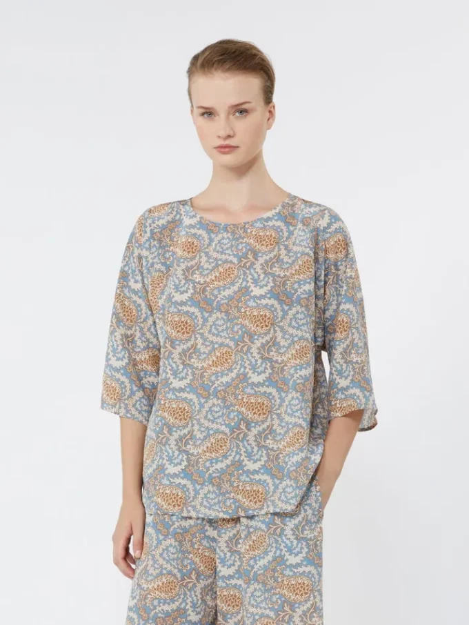 Printed silk crepe de chine blouse, light blue