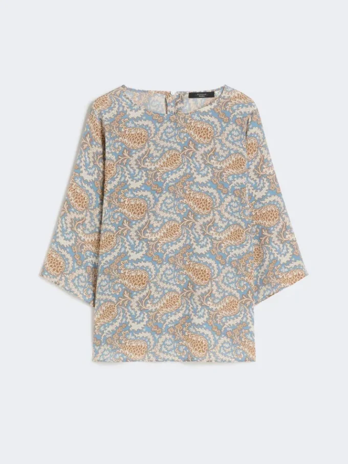 Printed silk crepe de chine blouse, light blue