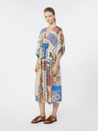 Printed silk crepe de chine midi dress, multicolour