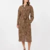 Printed silk crepe de chine shirt dress, camel
