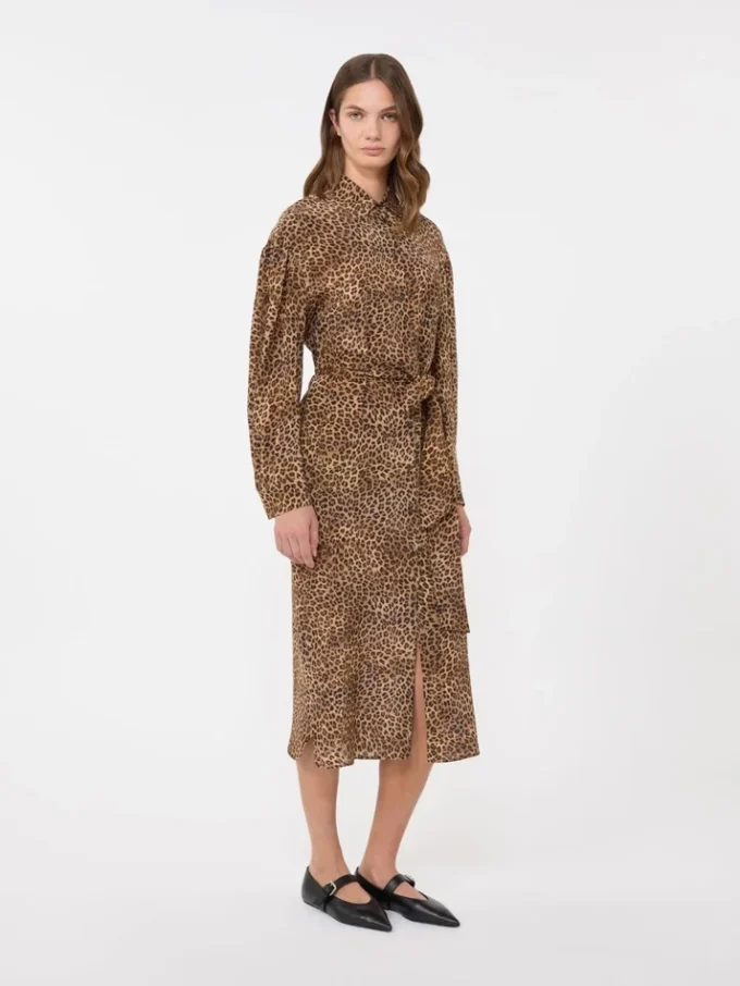 Printed silk crepe de chine shirt dress, camel
