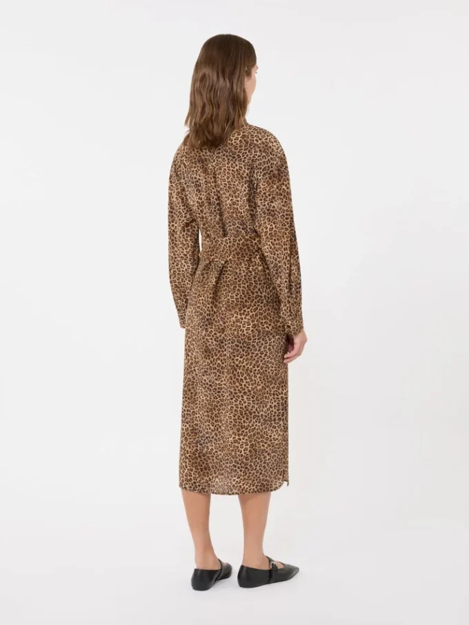 Printed silk crepe de chine shirt dress, camel