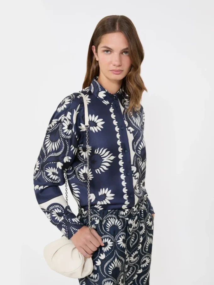 Printed silk patchwork shirt, navy