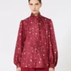 Printed silk pussy-bow shirt, red