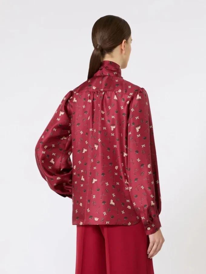 Printed silk pussy-bow shirt, red