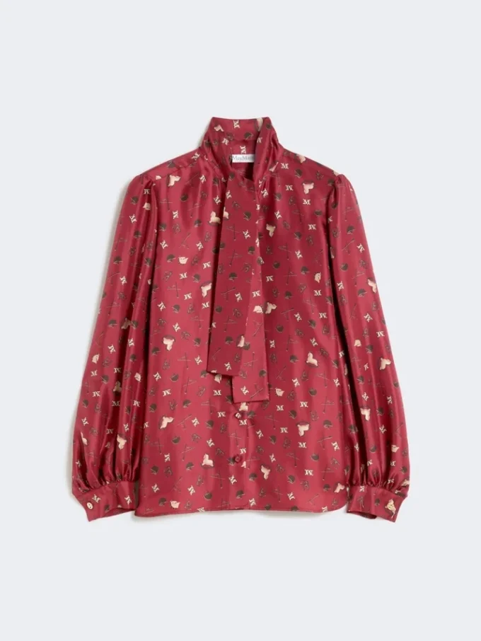 Printed silk pussy-bow shirt, red