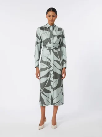 Printed silk shirt dress, green