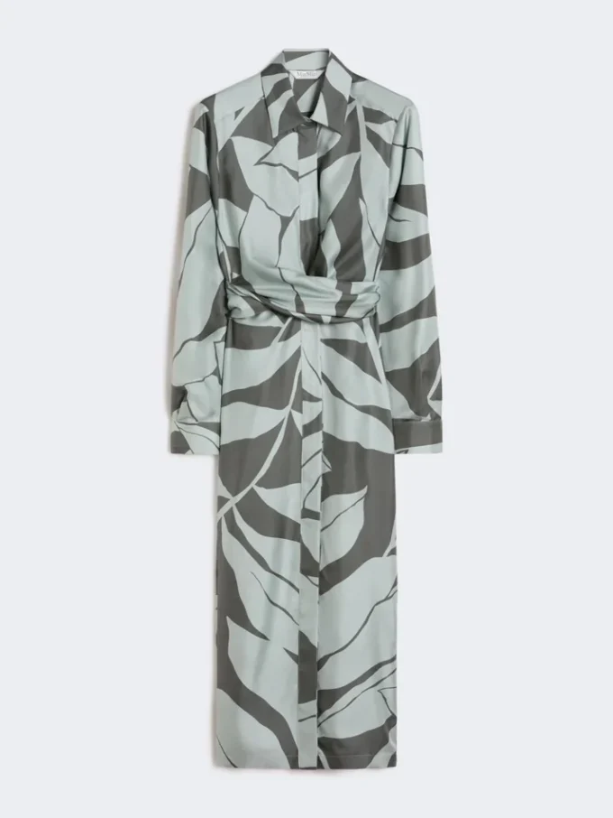 Printed silk shirt dress, green