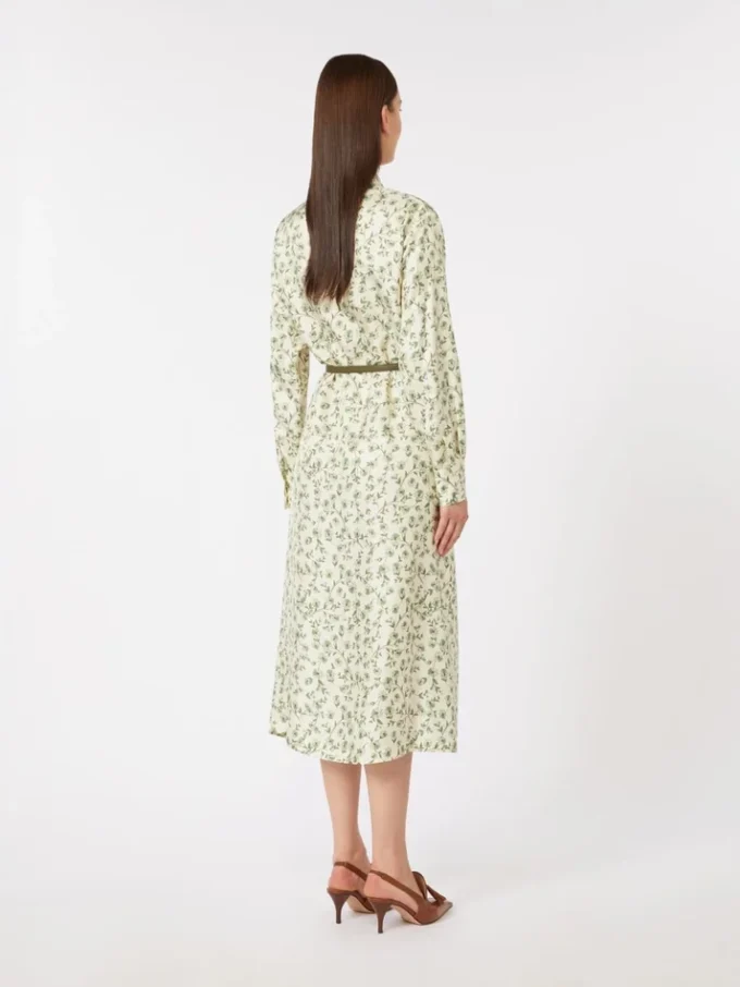 Printed silk twill dress, ivory