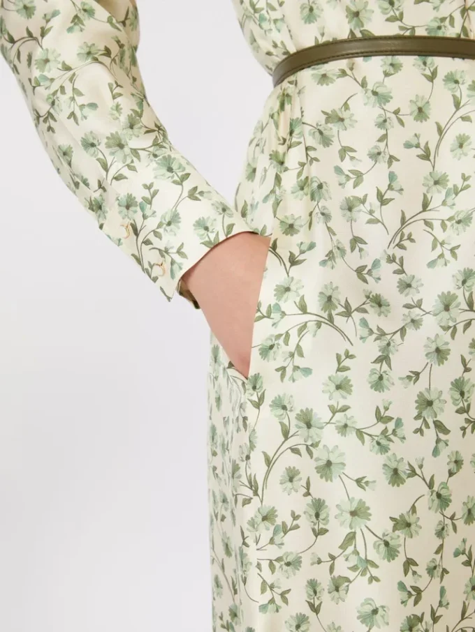 Printed silk twill dress, ivory