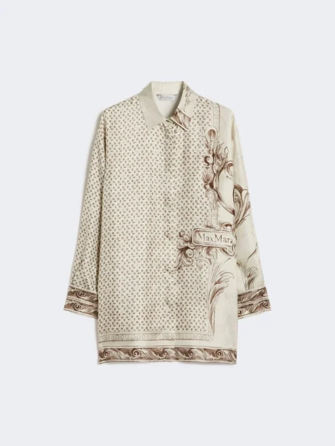 Printed silk twill shirt, ivory