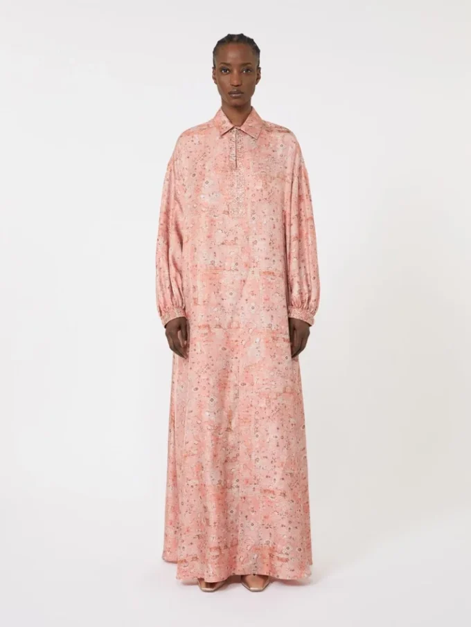 Printed twill kaftan dress, coral