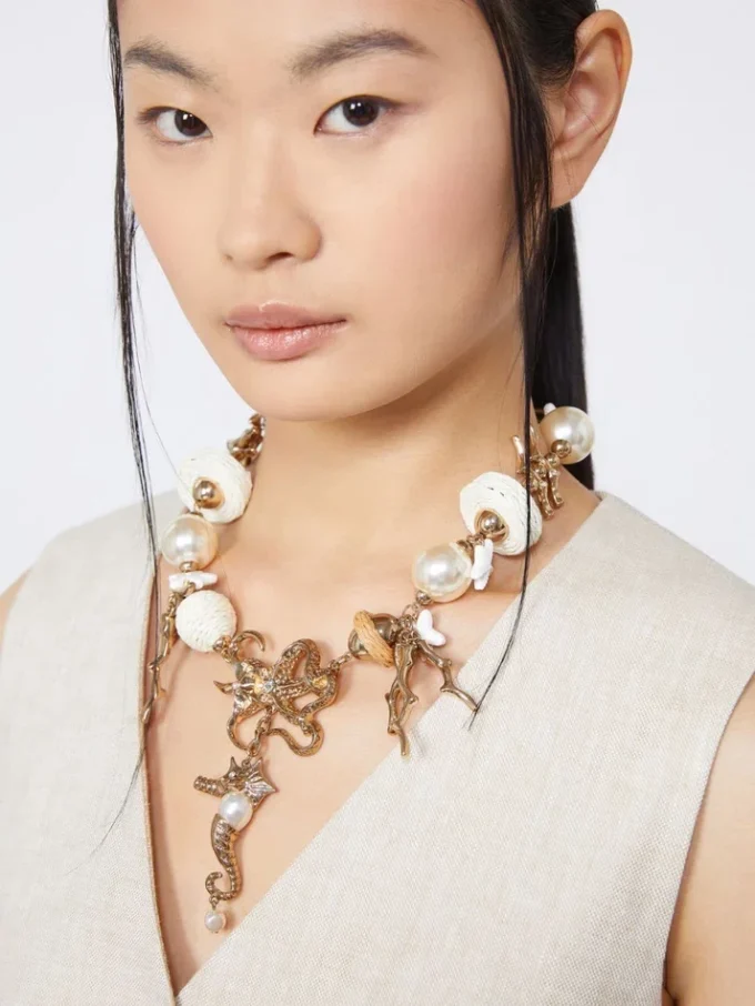 "abissi" metal and raffia choker necklace, gold "abissi" metal and raffia choker necklace, gold