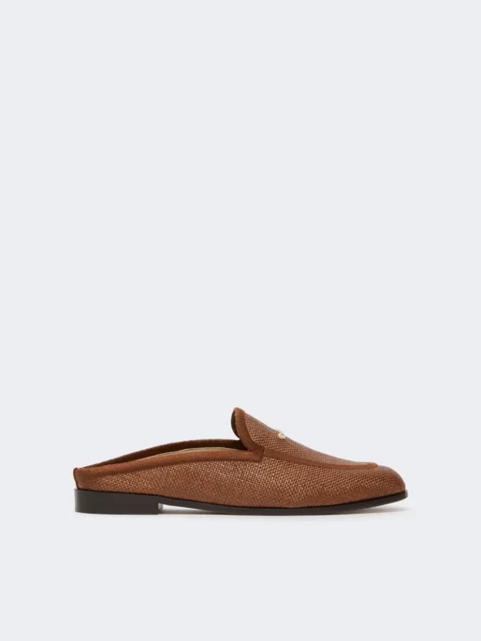 Raffia-effect canvas mules, amber brown Raffia-effect canvas mules, amber brown