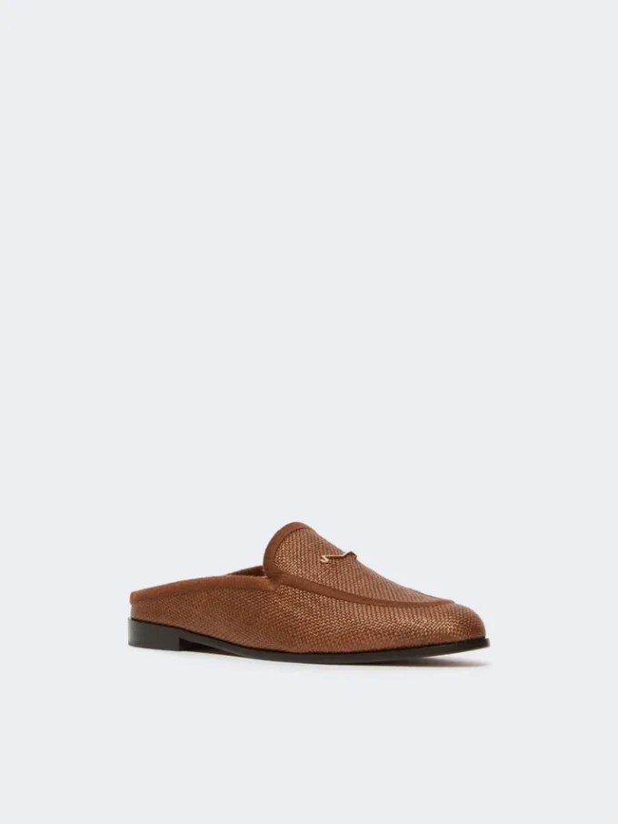 Raffia-effect canvas mules, amber brown Raffia-effect canvas mules, amber brown