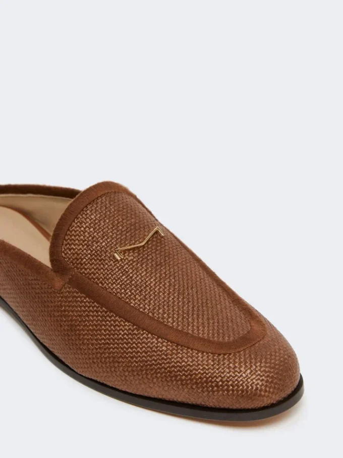 Raffia-effect canvas mules, amber brown Raffia-effect canvas mules, amber brown