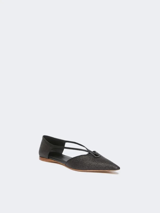 Raffia-look basketweave ballet flats, black