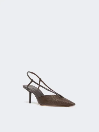 Raffia-look canvas slingbacks, dark brown