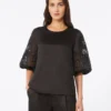 Ramie gauze and broderie anglaise t-shirt, black Ramie gauze and broderie anglaise t-shirt, black